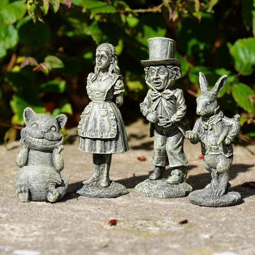 Alice im Wunderland Set mit 4 Gartenfiguren, Kunstharz, Heimdekoration, Statue, verrückter Hutmacher, Grinsekatze, weißes Kaninchen, für den Innen- und Außenbereich