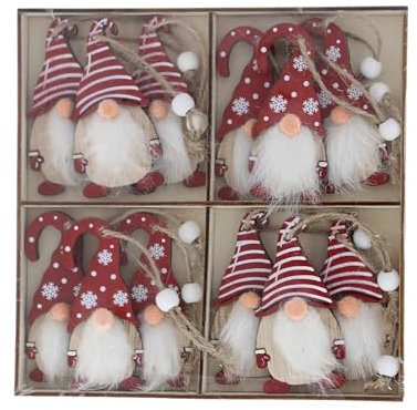 Festive Productions Assorted Wooden Gonks Hanging Christmas Decoration Pack of 12 8cm Red/White Christmas Decoration Gonk Themed Décor Xmas Decoration Perfect for Home Living Room Christmas Trees