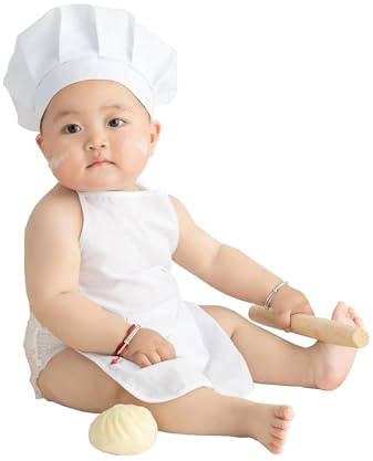 TINAYAUE Newborn Photography Prop Cute Baby Chef Outfits Shoot Props for Boys Girls 5-12 Months White Chef Hat Apron Set Studio Little Chef Costume Infant Toddler Cosplay Party Costumes