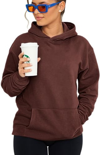 behype. Damen Oversize Hoodie Kapuzenpullover Einfarbig Basic Heavy Blank Pullover Unifarben Kapuzen-Sweatshirt Für Frauen DC_Damen_8001-Chocolate Brown-3XL