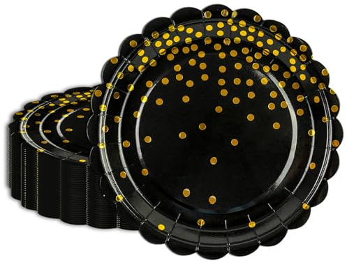 HFBOBP 50PCS Black and Gold Paper Plates,7 Inch Scalloped Dot Paper Dessert Plates Decorative Tableware Supplies for Birthday Garden Party Afternoon Tea Wedding