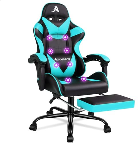 ALFORDSON Silla de oficina con masaje, sillón gamer, ergonómico, con reposapiés, cojín lumbar giratorio, capacidad de carga de 180 kg, cian