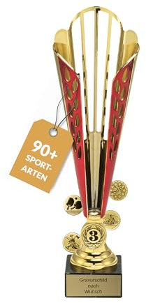 pokal-fabrik.de - Pokal mit Gravur Wunschtext groß in Gold/rot - personalisiertes Geschenk & Sportemblem nach Wahl - 32 cm inkl. Marmorsockel - Geschenk-Trophäe | Pokale Kinder