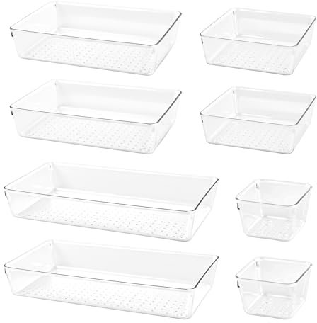Lot de 8 Organisateurs de Tiroirs Transparent,Rangement Tiroir en Plastique Transparent, Bacs de rangement avec 4 Tailles pour salle de bain pour salle de bain,cuisine,bureau,cosmétiques