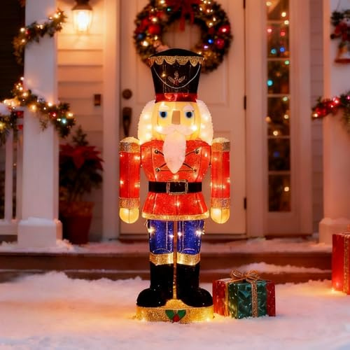 Hausse Lighted Christmas Outdoor Decor, Pre-Lit 3D Tinsel Xmas Nutcracker Soldier Figure, Light Up Xmas Yard Displays, Plug in for Holiday Party New Year Winter Patio Lawn Garden