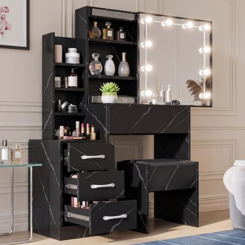 Blisswood Dressing Table with Mirror and Stool – Vanity Makeup Desk with 4 Drawers, 3 Open and Hidden Storage Shelves, 10 LED Bulbs, Modern Make up Organizer for Bedroom or Living Room (Marble Black)