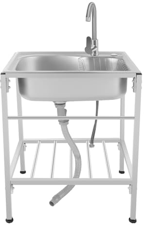Freistehende Edelstahl Spültisch 1 Becken, 60 X 45 X 75 Cm Gewerbliche Spülbecken mit Wasserhahn, Kalt-/Warm-Anschluss, Mobiler Spültisch für Outdoorküche Garage, Restaurant