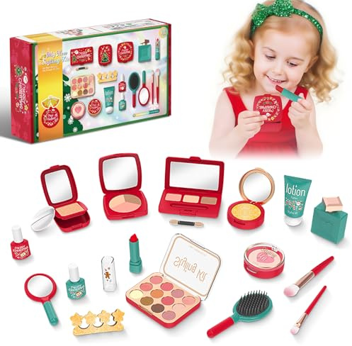 Vattikam Kinderschminke Set, Weihnachtlich Gestaltetes Rollenspielzeug für Mädchen ab 3 Jahren | Sicheres Und Ungiftiges Spielzeug Schminke Unecht Mit Lippenstift, Lidschatten, Spiegel Und Pinseln