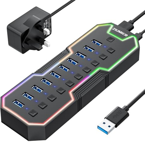 ZIUMIER Powered USB Hub, 10 Ports with RGB LED Strip for MacBook | 12V/2A Power Adapter USB Extension for MacBook, Mac Pro, Mac mini, iMac, Surface Pro, XPS, PC, Flash Drive, Mobile HDD