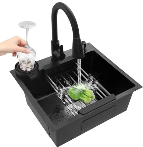 Küchenspüle, 50 x 45 cm, Küchenspüle, Edelstahl, integriertes Waschbecken, ausziehbar, 360 °, mit ausziehbarem Wasserhahn + Abflusskorb + Seifenspender
