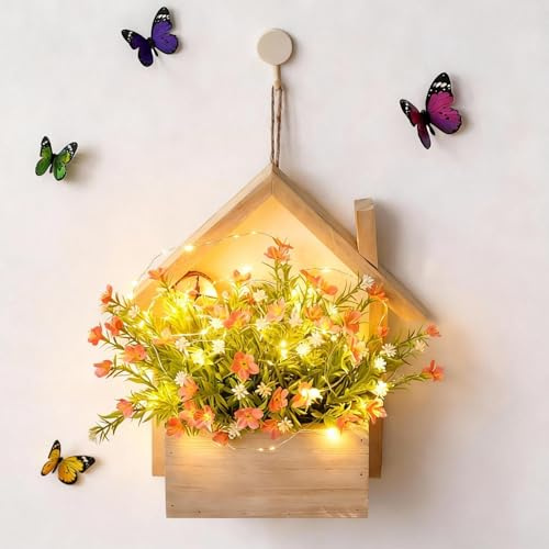 Holzhaus Türkranz Frühling mit LED-Lichtern, Holz Haus Frühlingskranz Haustür Beleuchtet Osterdeko zum Aufhängen LED Häuser Kranz Frühling mit Blumen Batteriebetrieben für Tür Fenster Wanddeko (A)