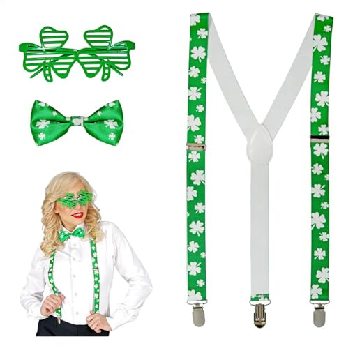 com-four® 3-teiliges St. Patricks Day Kostüm Set für Erwachsene | Hosenträger - Fliege und Party-Brille mit Kleeblatt - Zubehör für Karneval - Fasching und Mottoparty