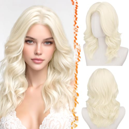 BARSDAR Kurze Gewellte Platinblond Perücke, Schulter Lange Gewellte Blond Perücken für Frauen Kurze Body Wave Layered Perücke mit Face-Framing Curtain Pony Weiche Synthetik Natürlich Aussehend Alltag