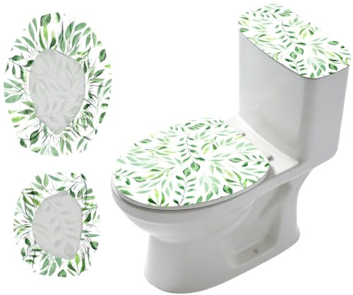 CRAFTYMELODY 2Pcs Green Leaf Toilet Lid Cover and Tank Cover Set Stretch Cover Sets Toilet Seat Covers Fabric Sets Machine Wash Fits Round Elongated Oblong for Bathroom Replacement