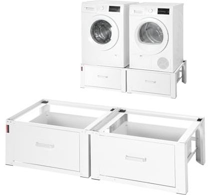 VEVOR Washing Machine Base, 290 mm High, Washing Machine Riser with Drawer, Load Capacity 150 kg, Non-Slip Feet, Steel Dryer Base, Pedestal, Universal Fit, White, Pack of 2