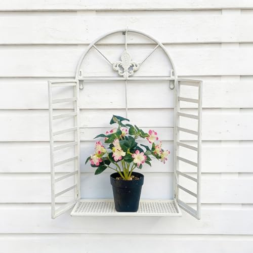 BOOMLATU Rustikale Deko-Fenster mit Bogen zum Öffnen Sprossen-Fenster auf Platte Scheunenfenster Fensterrahmen Fensterladen Fenster Attrappe Metall Eisen Wanddekor für Gartendeko Antik Weiß