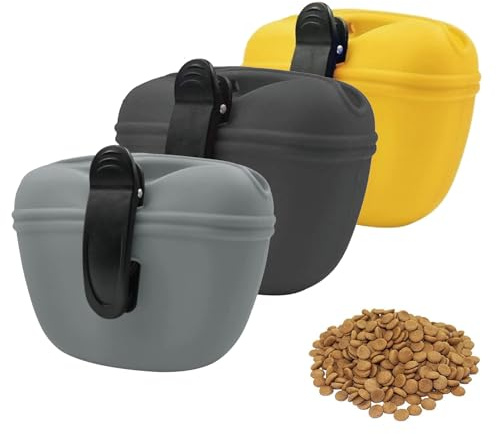 RQcMid 3 Stück Futterbeutel Hundetraining, Leckerlitasche Für Hunde Mit Clip, Silikon Futterbeutel Hund Für Outdoor Und Spaziergänge, Schwarz Grau Gelb
