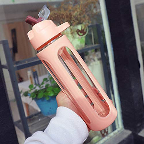 Gourde avec paille - 600 ml - Bouteille en verre anti-fuite avec embout flip et étui de protection