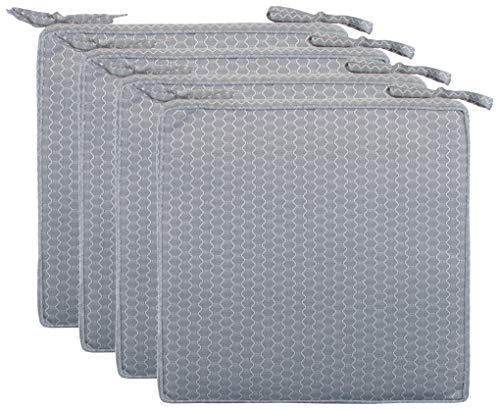 Brandsseller 4er Set Sitzkissen 40x40x4 cm – Wasser- & schmutzabweisende Stuhlkissen mit Bindebändern in Wabenstruktur – Für Innen & Außen – Garten, Terrasse, Küche – Hellgrau