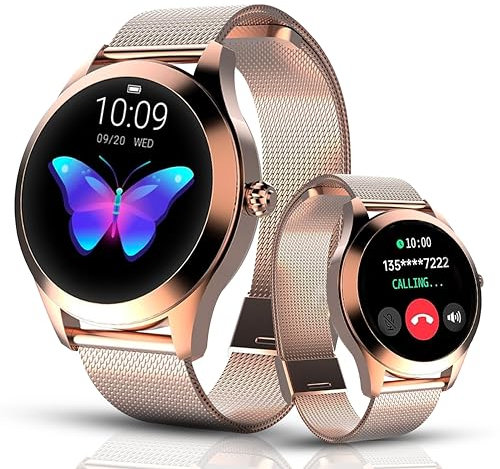 LUNIQUESHOP Runde 2 Smartwatch Frauen mit Telefonfunktion Sprachassistent Kleiner runder 1,19 SpO2 Fitness Tracker Herzfrequenz Blutdruckmonitor Schlafmonitor Whatsapp Damenuhr Android iOS RoséGold
