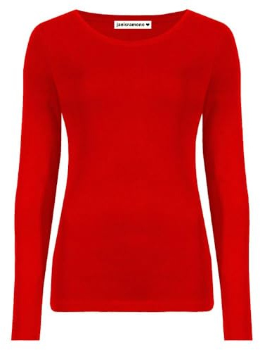 janisramone Womens Ladies Round Neck Long Sleeve T-Shirt Stretchy Plain Fitted Basic Jersey Casual Tee Top
