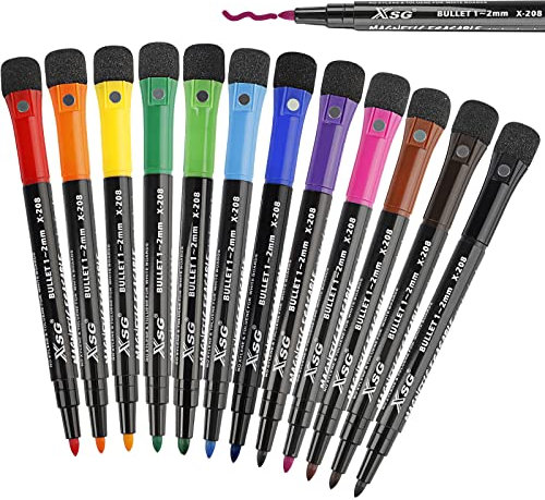ABEIER whiteboard markers whiteboard pens:12 Magnetic Whiteboard Pens and Eraser set, 12 Colors Fine Tip Whiteboard Markers, Low-Odor, Non-Toxic Fine Point Pens