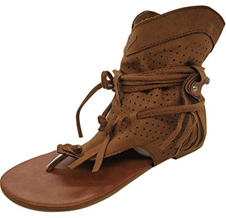 Julhold Sandalen Sommer Offene Schuhe Slingback Sandalen Strand Retro Lässige Mode Flache Fransen Hohle Flip Flops Damen Sandalen Riemchen Flache Sandalen Zehentrenner Sandaletten(Braun,39)