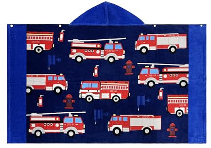 BANGSAUR Kinder-Strandtuch mit Kapuze, 100% Baumwolle, weich und saugfähig, Badetuch, Badetuch, Überzieher für Jungen und Mädchen, extra Größe: 127×76cm (Feuerwehrauto)