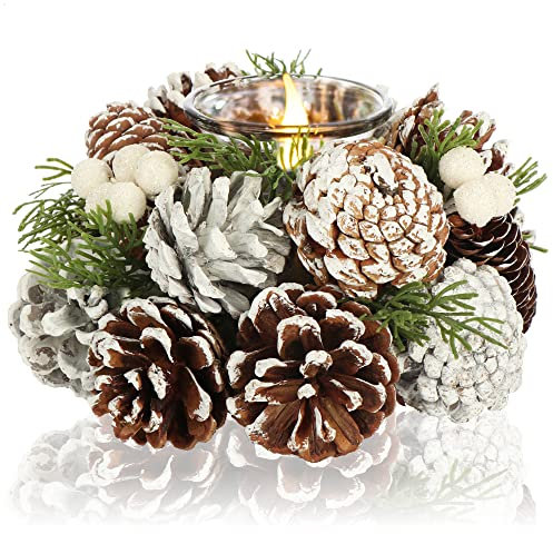 COM-FOUR® Teelichthalter - dekorativer Kerzenständer für Weihnachten und Herbst - Kerzenhalter mit natürlichen Materialien - Handarbeit (Adventsgesteck - 1 Kerze)