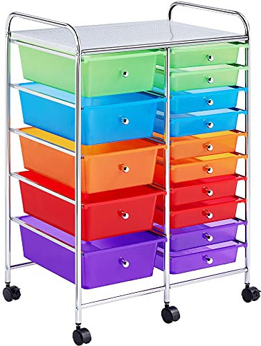 Yaheetech 15 Drawers Plastic Storage Cart, Multipurpose Mobile Organizer Unit with 4 Lockable Wheels, Utility Rolling Trolley for Home Office School Salon & Beauty, Multicolor
