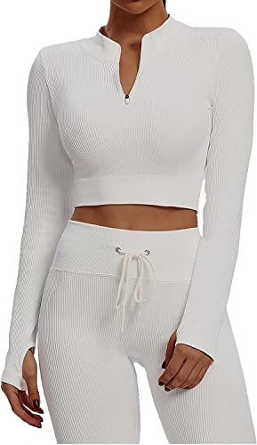 MAYROUND Sportswear Fitnessset für Damen 2 Teiliges Outfits Langarm Fitnessstudio Crop Top + Hohe Taille Yoga Stretch Leggings Yoga Outfit Freizeitanzug