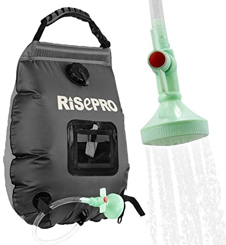RISEPRO Solar-Duschtasche, 20 l, Solarheizung, Premium-Camping-Duschtasche, heißes Wasser mit Temperatur, 45 °C, Abnehmbarer Schlauch an/ausschaltbar, Duschkopf, Wandern, Klettern, Sommerdusche, BK