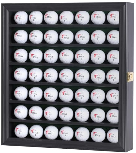 DisplayGifts 49 Golfball-Vitrine, Ständer, Aufbewahrung, Wandmontage, 7 Ablagen, Vitrine, Schattenbox mit abschließbarer Tür, tolles Geschenk (Halterung für 49 Bälle, schwarzes Finish)