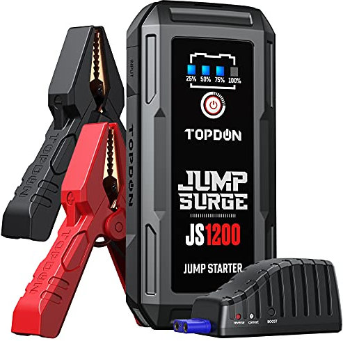 TOPDON Booster Batterie, JS1500 Demarreur de Batterie Voiture 1500A/10000mAh Jump Starter pour Moteurs Diesel Jusqu'à 8L et 6L, câbles de démarrage, Charge Rapide USB et Lampe de Poche LED intégrée