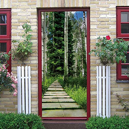 JGCAI 3D Türaufkleber Wohnzimmer Schlafzimmer Badezimmer Birkenwald Straßenlandschaft Türtapete Türposter 77x200cm Wandbilder Selbstklebend Tür Poster Vinyl Entfernbar Mauer Aufkleber Zuhause Dekor