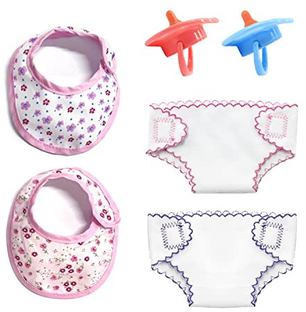 PFLYPF Puppenzubehör, Lätzchen/Windel/Schnuller, Spielzeug für Kinder, Puppenfütterungszubehör, wiederverwendbares Lätzchen, selbstklebende Windeln, Rollenspielzeug, mit 2 Schnullern