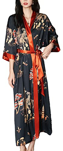 Vivi Idee Morgenmantel damen leicht Bademantel kimono lang satin Sauna Bathrobe Schlafmantel Einheitsgröße (schwarz rot-Weidenblick)
