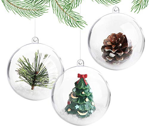 ilauke 20 Stück Christbaumkugeln, Weihnachtskugeln zum Befüllen Kugeln Weihnachten Plastik Durchsichtig mit Federn- Kristallfaden- Schneeflocken für Hochzeit, Bemahlung, Weihnachtsbaumschmuck (10cm)