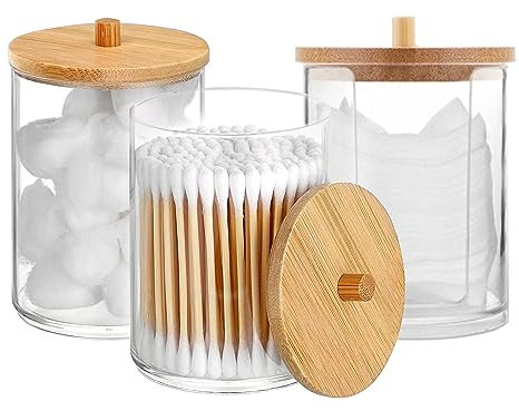 DRERIO 3 Pack Cotton Pad Holder Cotton Swab Holder 10-Ounce Bathroom Organiser Clear Acrylic Q-Tips Cosmetic Storage Jars Ear Bud Holder Bathroom Jars with Bamboo Lid for Cotton Ball Dispenser