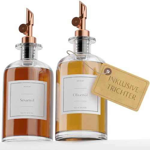 Greymount ® Ölspender Set - 2er Pack 500ml Ölflasche aus Glas mit Ausgießer Rose Gold für Olivenöl, Essig und mehr | Auslaufsicher und Tropffrei | Inklusive 27 Etiketten und Trichter