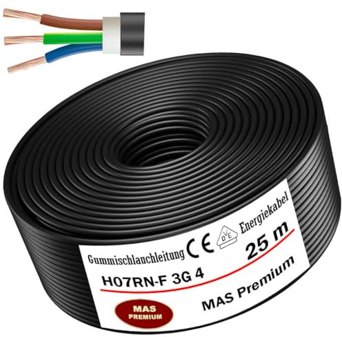MAS Premium 5-100m Gummischlauchleitung Energiekabel Baustellenkabel H07RN-F 3G 4 mm² Schwarz Flexible Leitung Kabel für schwere Geräte
