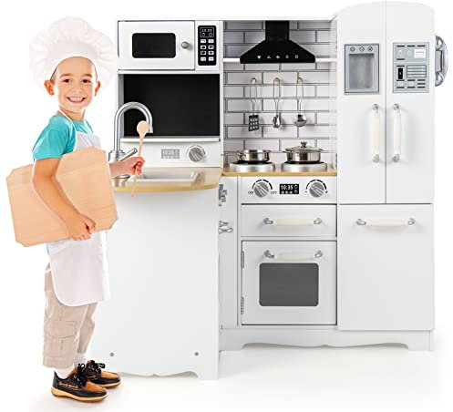COSTWAY Cuisine d’Angle Enfants avec Réfrigérateur Latéral, Cuisinière de Jeu en Bois avec Machine à Laver, Téléphone Simulé, Ustensiles de Cuisine, Jouet d’Imitation pour Tout-Petits de 3 Ans+