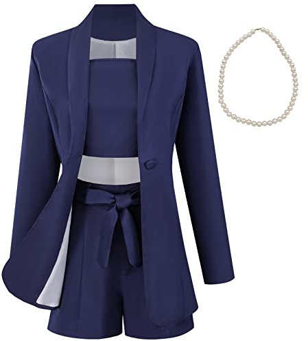 aromm Damen 3 teiliges Büro Arbeitsanzug Langarm Blazer + Gebundene Shorts + Camisole Elegant Sommerkleidung Set Marine, XXL