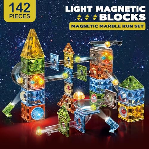 Dilhvy 142 Stück Magnetische Bausteine mit Kugelbahn, Magna Tiles Bunt und Farbleuchte, Starker Magnet Spielzeug, Montessori STEM Magnetspiel für Kinder ab 3-10+Jahre