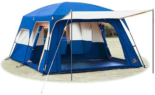 KTT Extra großes Zelt für 12 Personen, Familien-Kabinenzelt, 2 Zimmer, 3 Türen und 3 Fenster mit Netz, gerade Wand, wasserdicht, doppellagig, großes Zelt für Outdoor, Picknick, Camping,