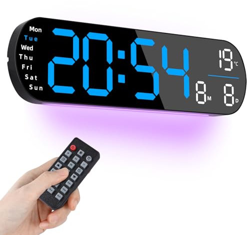 Koolertron Digital Wall Clock, Large Display, Blue LED Digital Clock with Remote Control, 8 RGB Colors, Night Lights, Countdown Dimmer Large Clock with Date Week Temperature, Y09DF-DDGCK02F-BL_F