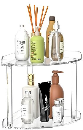 Sezanrpt 2 Tier Countertop Corner Organizer Shelf 7x7x8 Inch, Acrylic Bathroom Organizer Corner Shelf for Countertop, Clear Vanity Storage Organizer for Skincare, Cosmetics, Perfume
