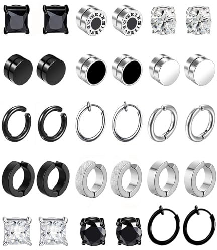 15Paar Magnet Ohrringe Herren Damen Edelstahl Creolen CZ Magnet Nicht Durchdringende Clip Magnet Ohrstecker Clips Nickelfrei Tunnel Ohrclips Non Piercing Ohrringe Set Silber Schwarz
