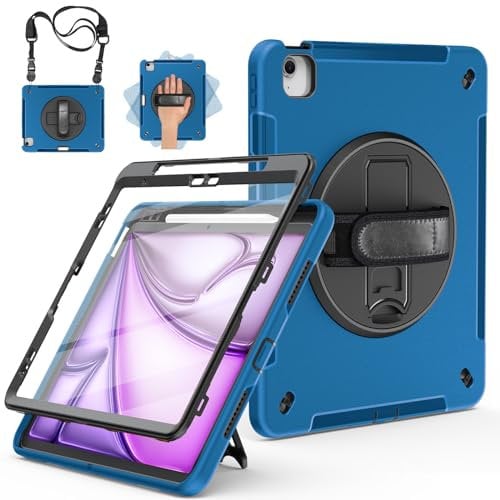 Miesherk Custodia per iPad Air 13 2025/2024 7a/6a Generazione: Case Cover Protezione completa del corpo di grado militare-Proteggi Schermo-Portapenne-Cavalletto Girevole-Tracolla da Mano/Spalla-Blu