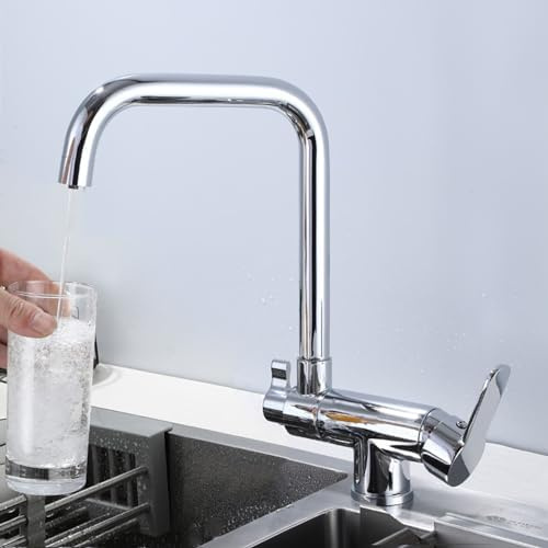 XGFXGF Grifo de Cocina de 3 Vías, Mezclador de Cocina Abatible Debajo de la Ventana, Grifo Giratorio, Agua Potable Filtrada, Cromado